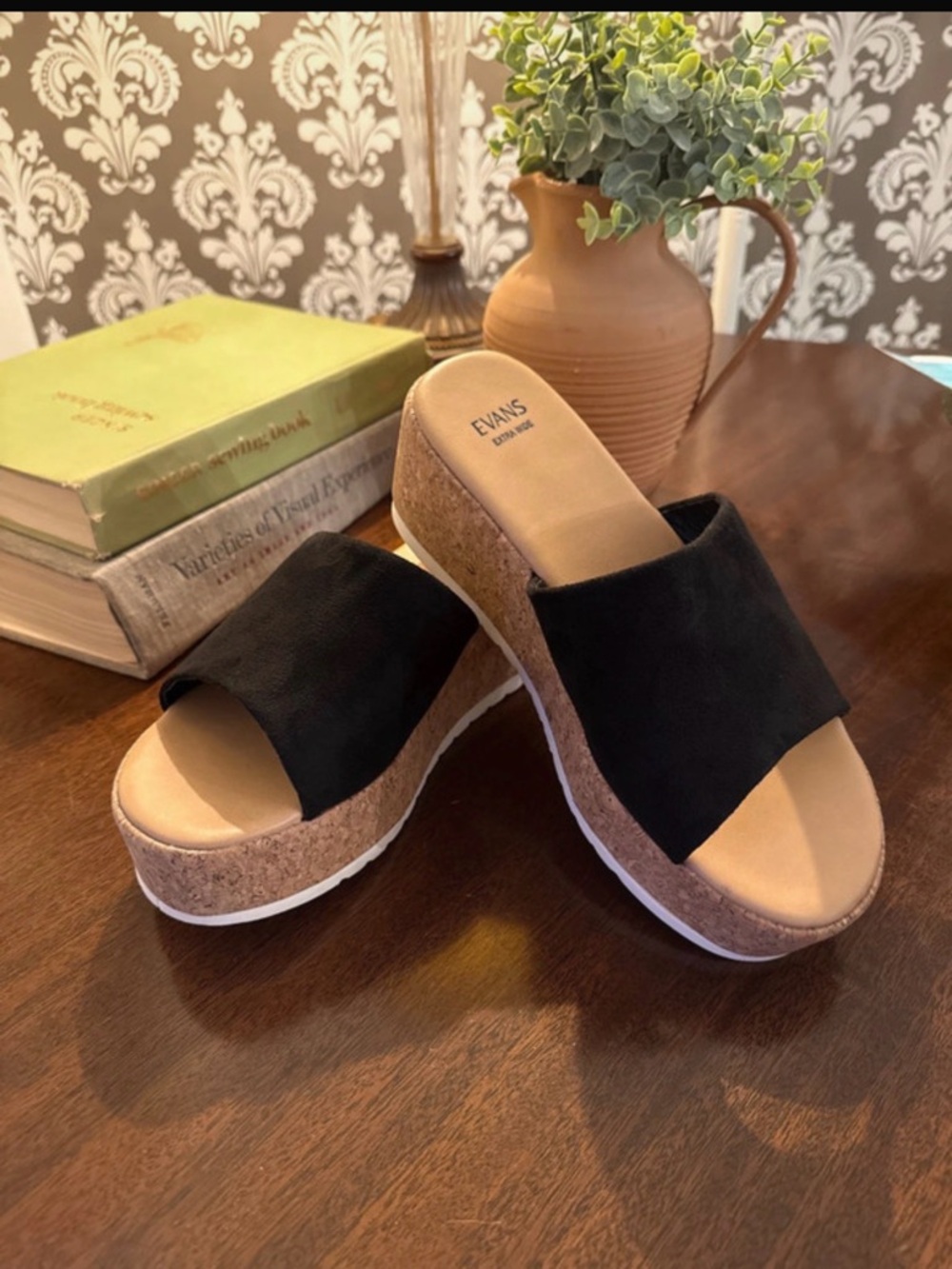 Evans Black Cork Platform Slide Sandals